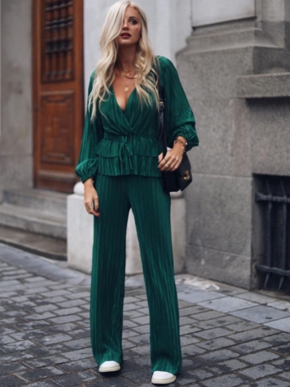 Zara Bloggers Favorite Pleated Blouse and Wide Leg Pant Set Emerald Green M NWT